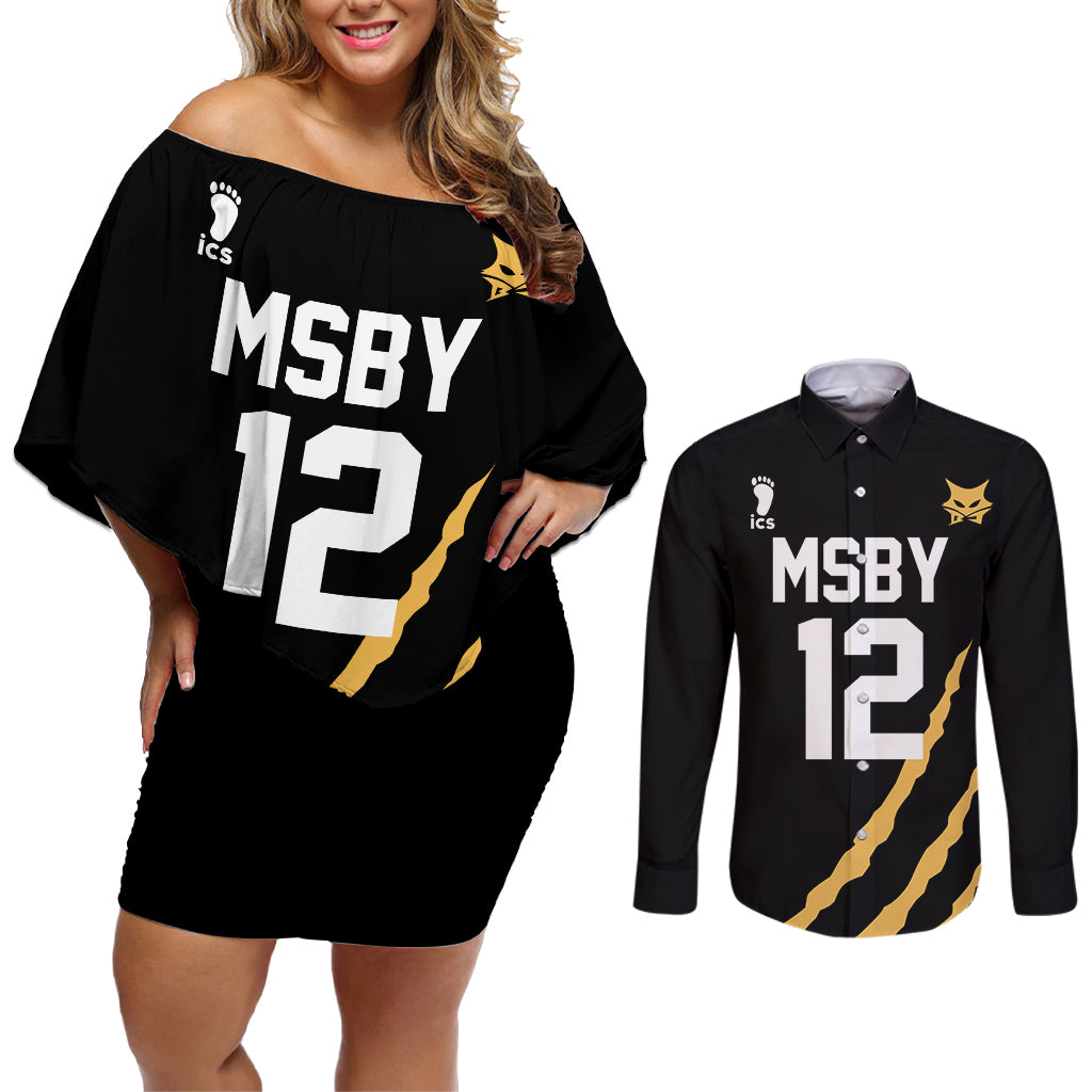 Kotaro Bokuto - Number 12 MSBY Anime Couples Matching Off Shoulder Short Dress and Long Sleeve Button Shirt