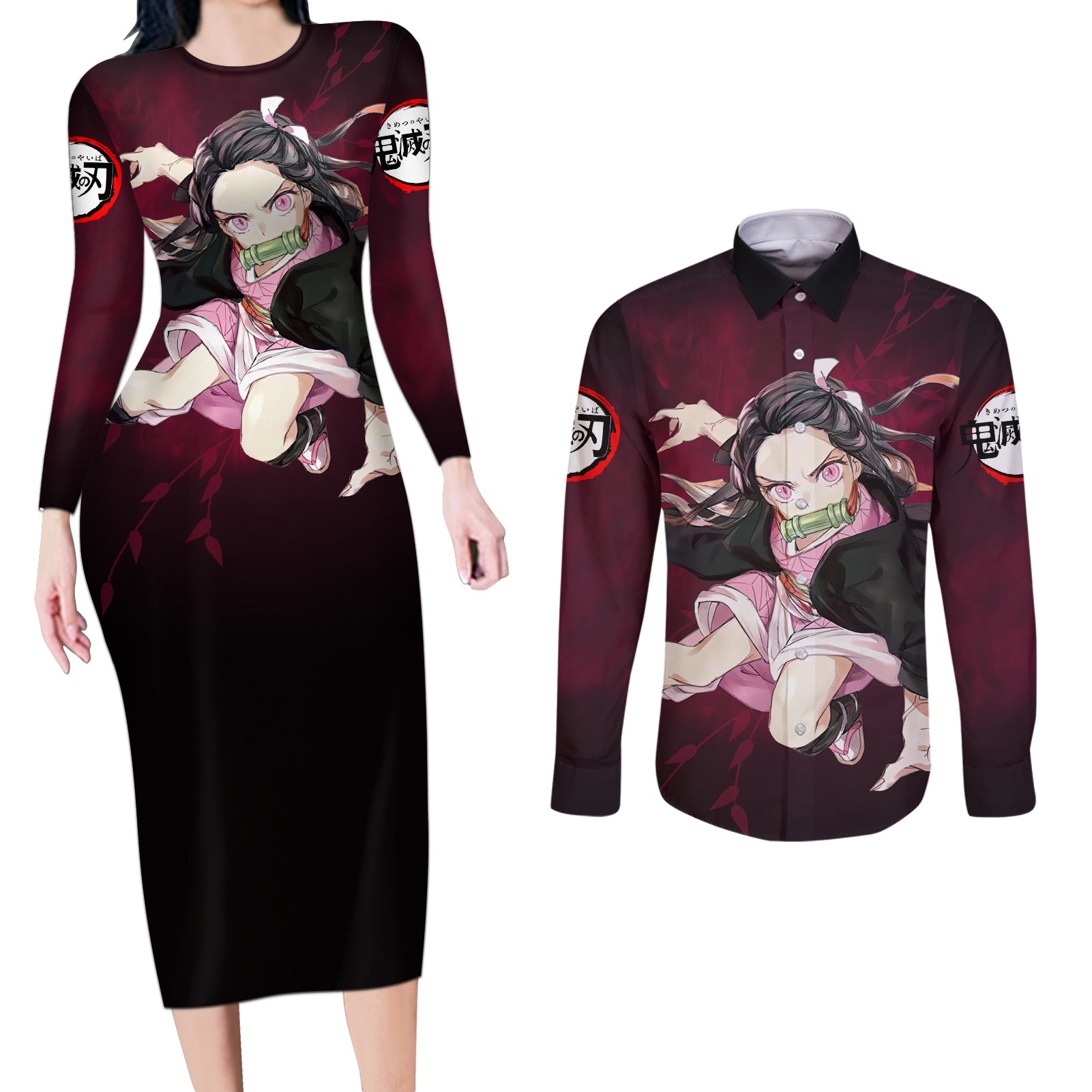 Nezuko - Fighting Anime Couples Matching Long Sleeve Bodycon Dress and Long Sleeve Button Shirt