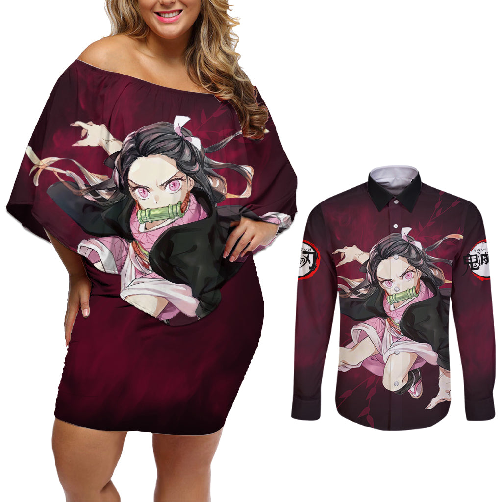 Nezuko - Fighting Anime Couples Matching Off Shoulder Short Dress and Long Sleeve Button Shirt