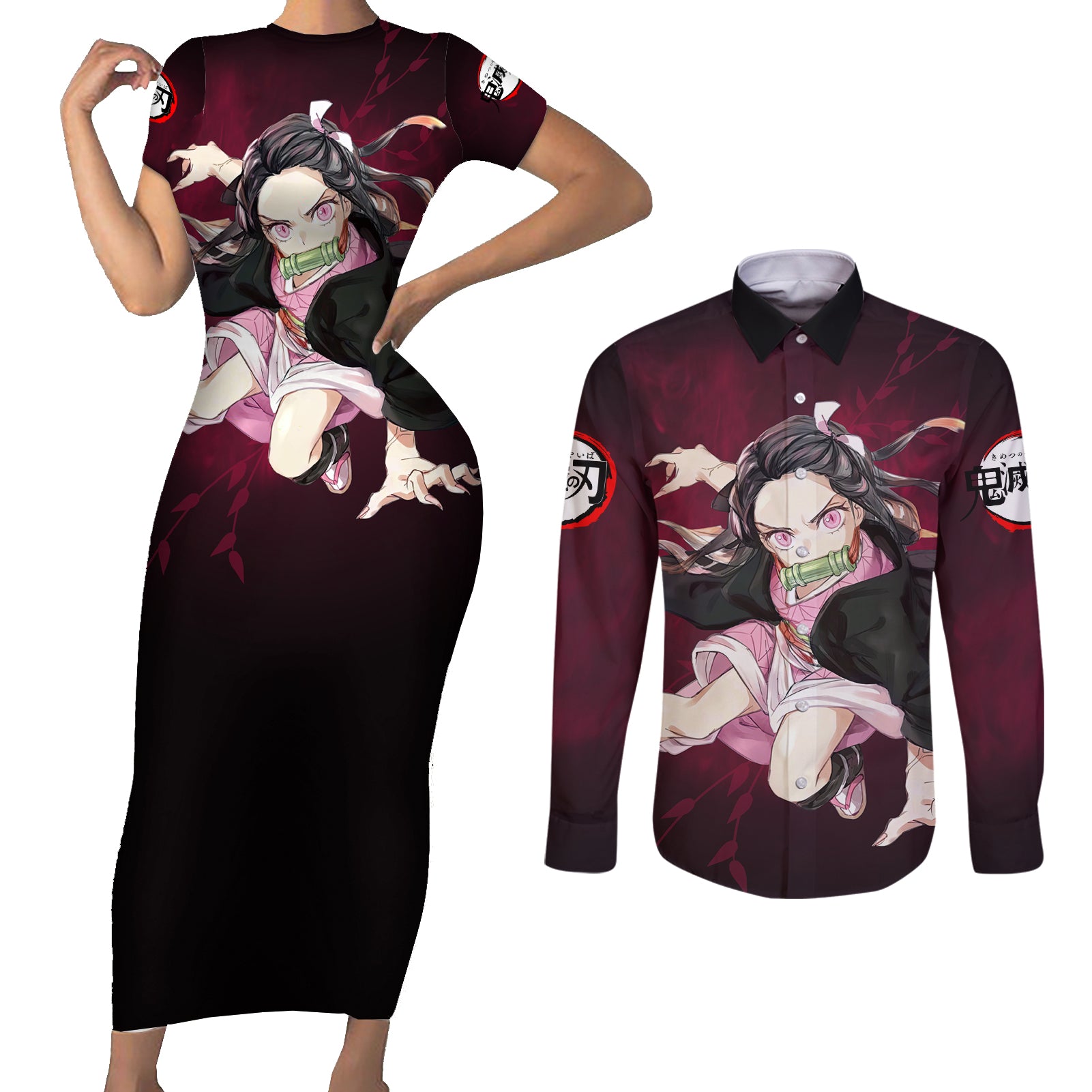 Nezuko - Fighting Anime Couples Matching Short Sleeve Bodycon Dress and Long Sleeve Button Shirt