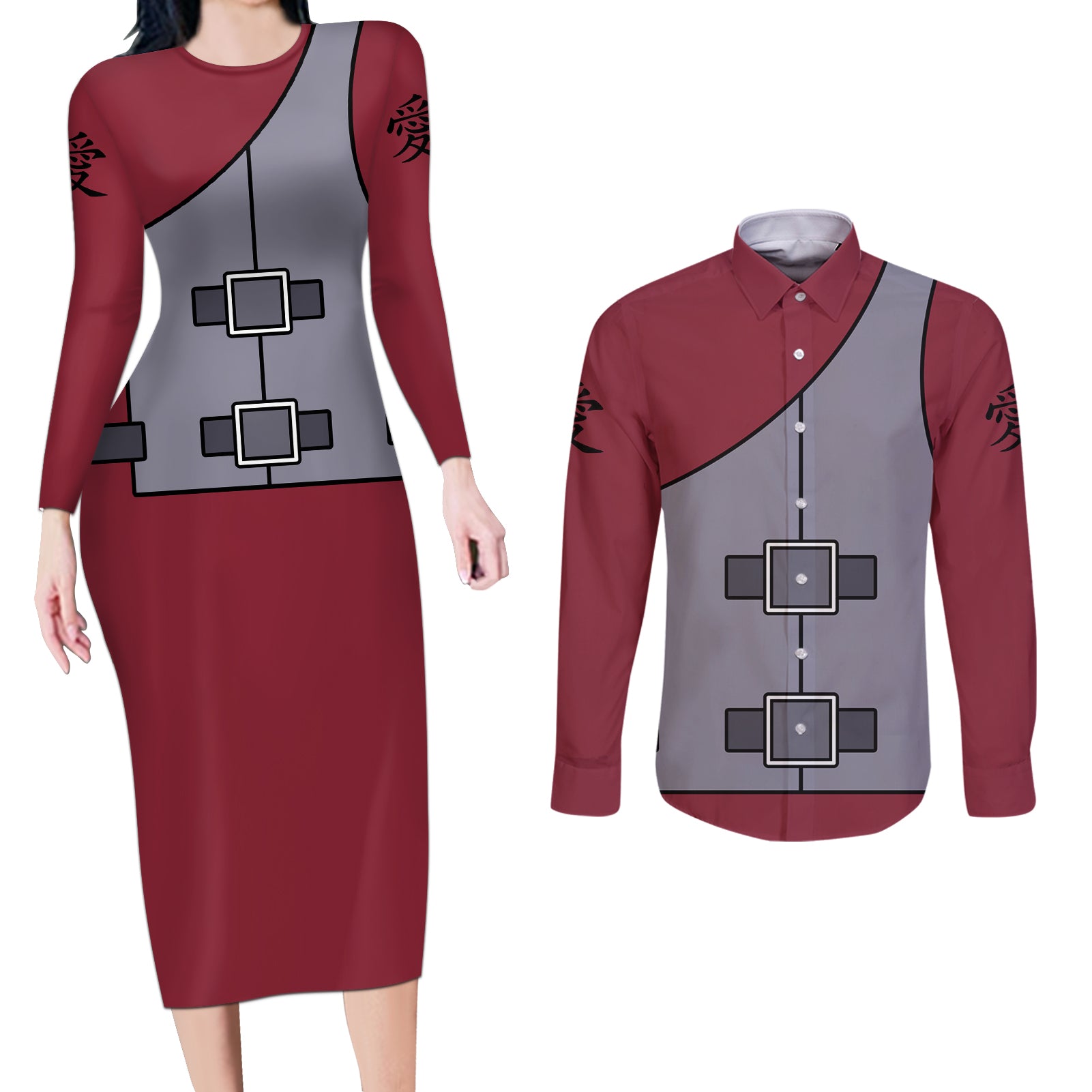 Gaara Uniform Couples Matching Long Sleeve Bodycon Dress and Long Sleeve Button Shirt