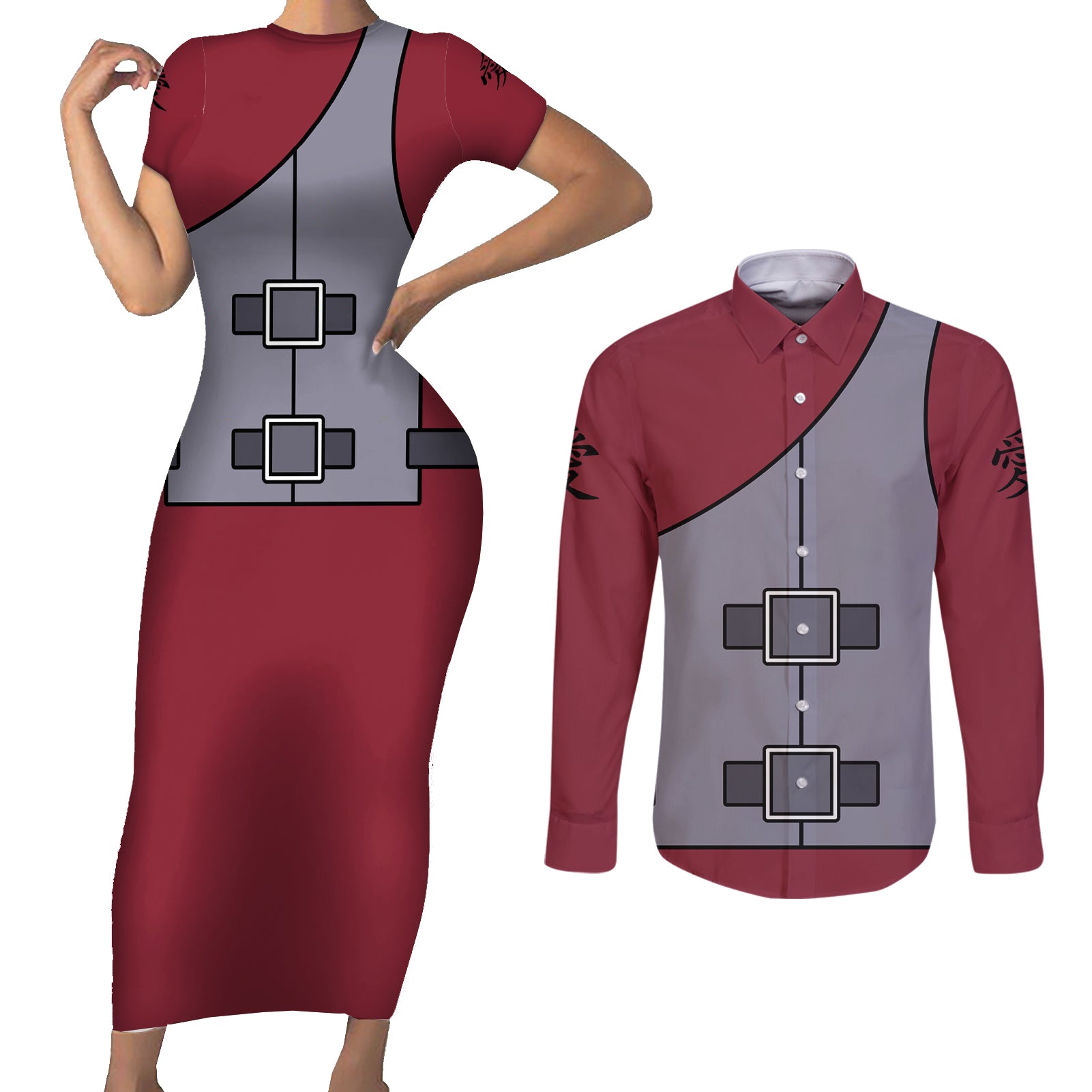 Gaara Uniform Couples Matching Short Sleeve Bodycon Dress and Long Sleeve Button Shirt