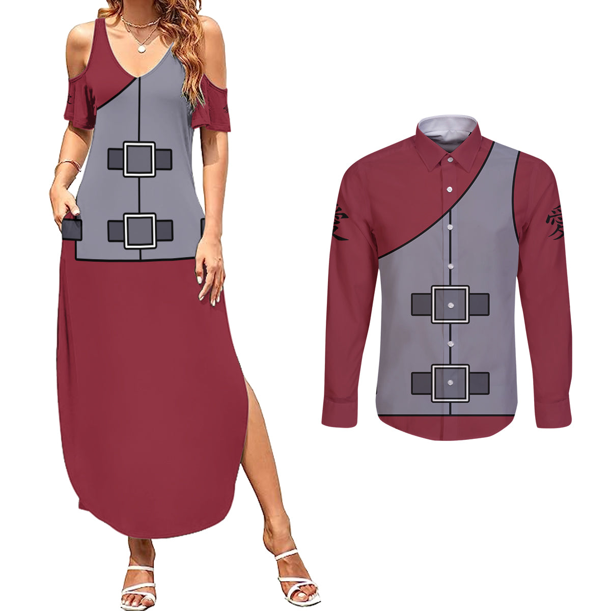 Gaara Uniform Couples Matching Summer Maxi Dress and Long Sleeve Button Shirt