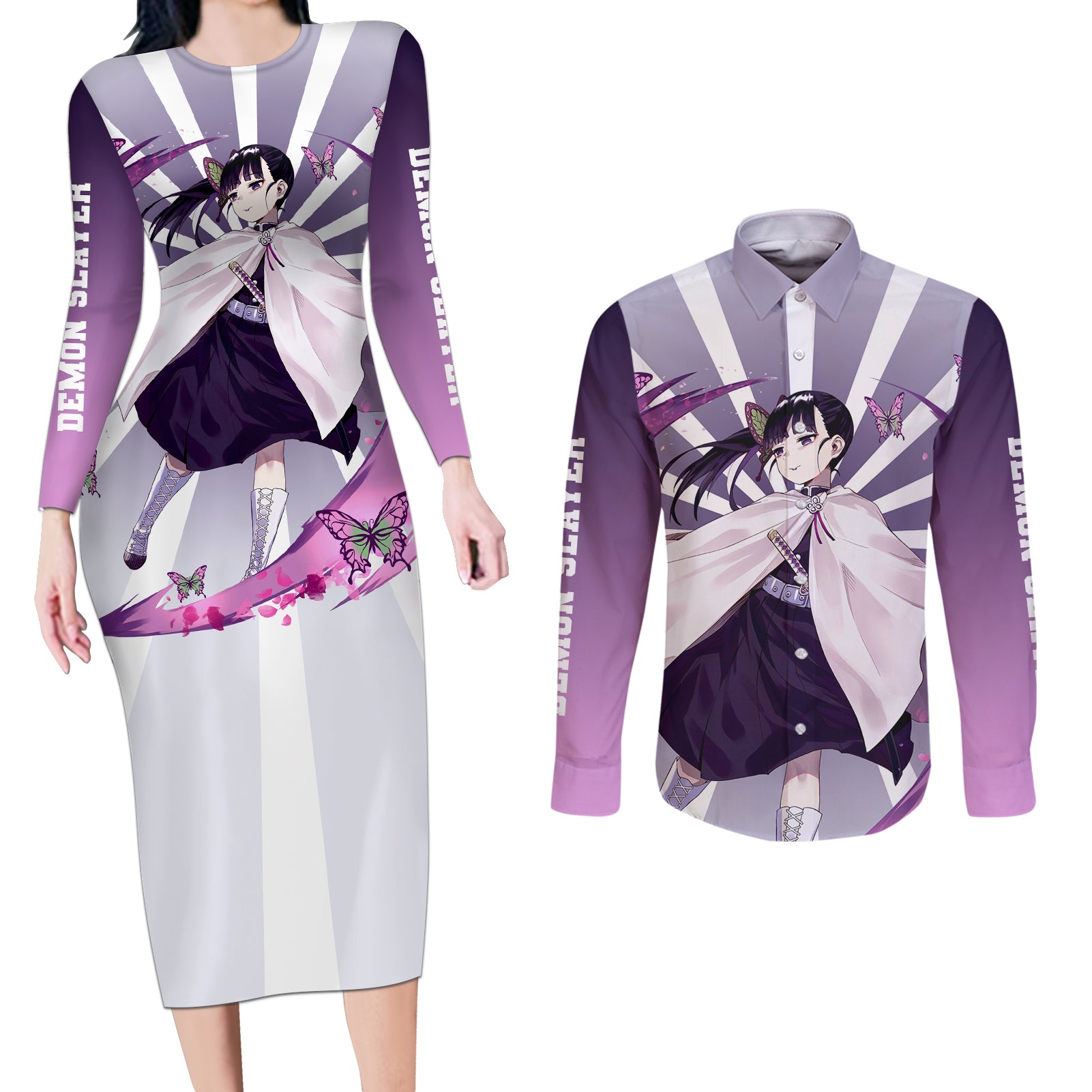 Kanao Tsuyuri Couples Matching Long Sleeve Bodycon Dress and Long Sleeve Button Shirt