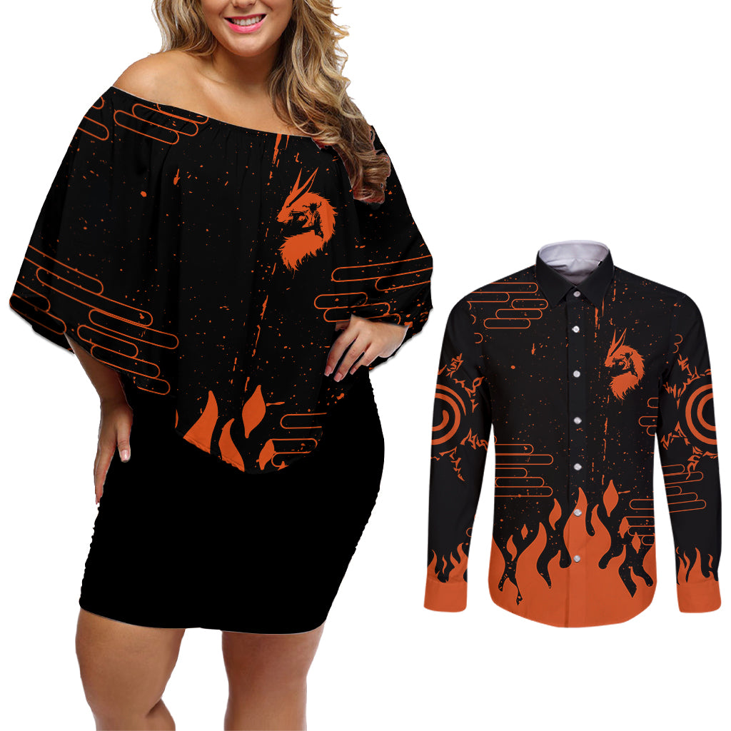 Nine Tailed Beasts Kurama - For Fans Couples Matching Off Shoulder Short Dress and Long Sleeve Button Shirt