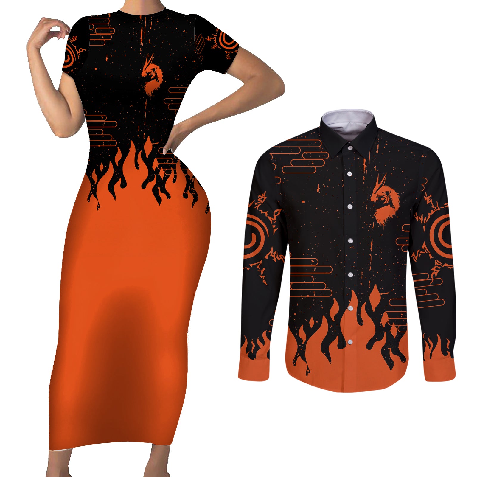 Nine Tailed Beasts Kurama - For Fans Couples Matching Short Sleeve Bodycon Dress and Long Sleeve Button Shirt