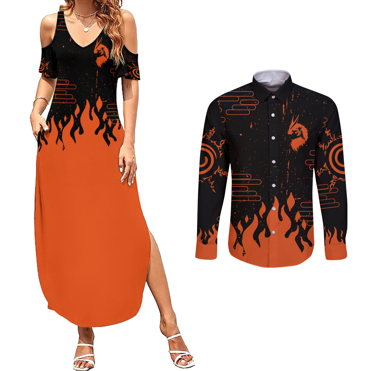 Nine Tailed Beasts Kurama - For Fans Couples Matching Summer Maxi Dress and Long Sleeve Button Shirt