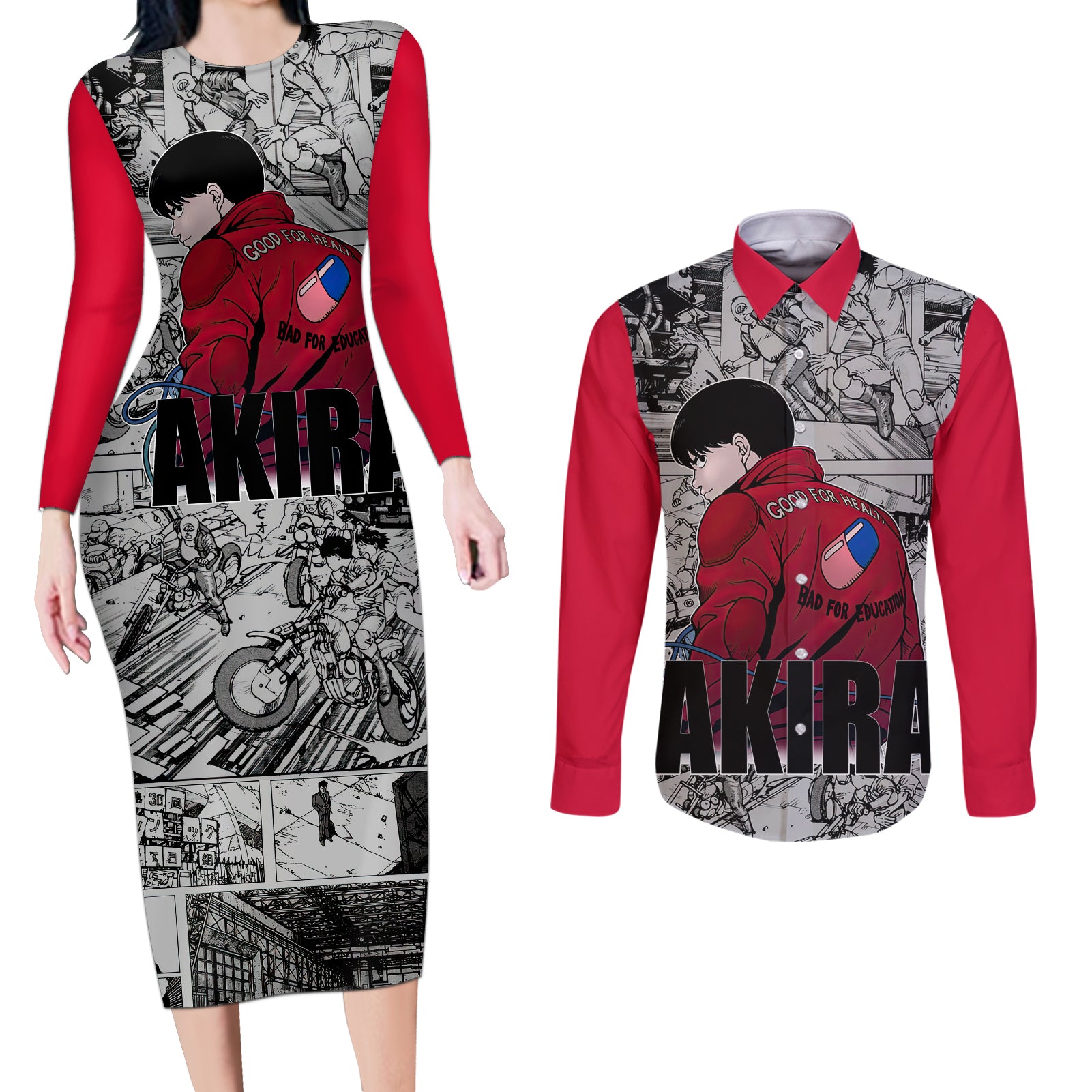 Kaneda - Akira Manga Style Couples Matching Long Sleeve Bodycon Dress and Long Sleeve Button Shirt