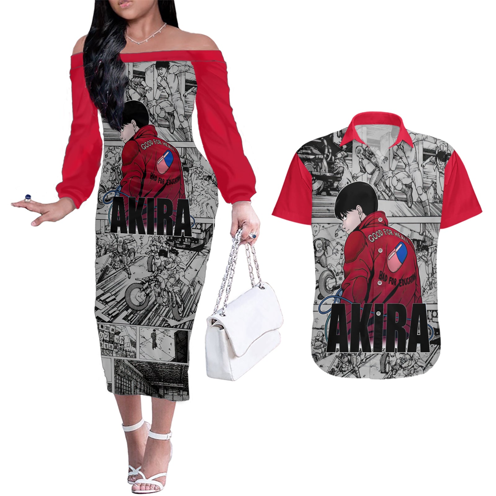 Kaneda - Akira Manga Style Couples Matching Off The Shoulder Long Sleeve Dress and Hawaiian Shirt