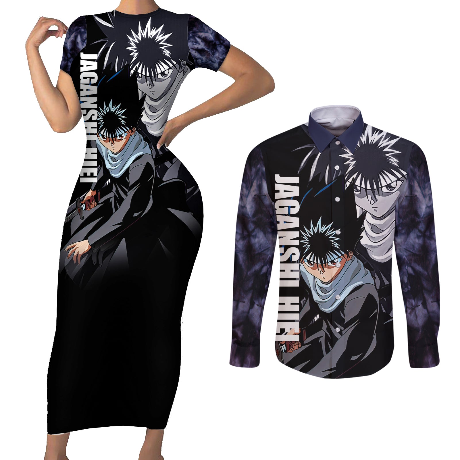 Hiei Couples Matching Short Sleeve Bodycon Dress and Long Sleeve Button Shirt YuYu Hakusho