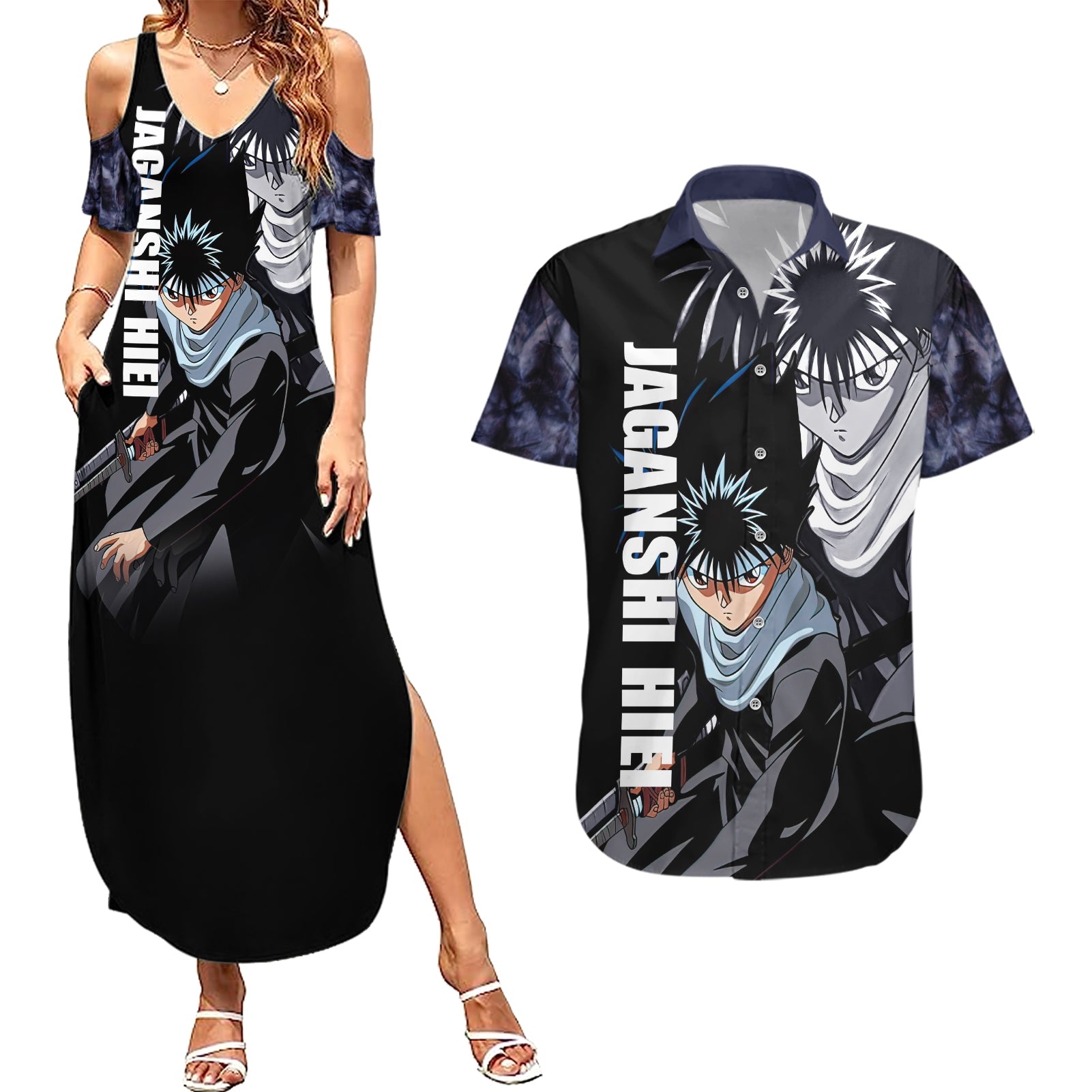 Hiei Couples Matching Summer Maxi Dress and Hawaiian Shirt YuYu Hakusho