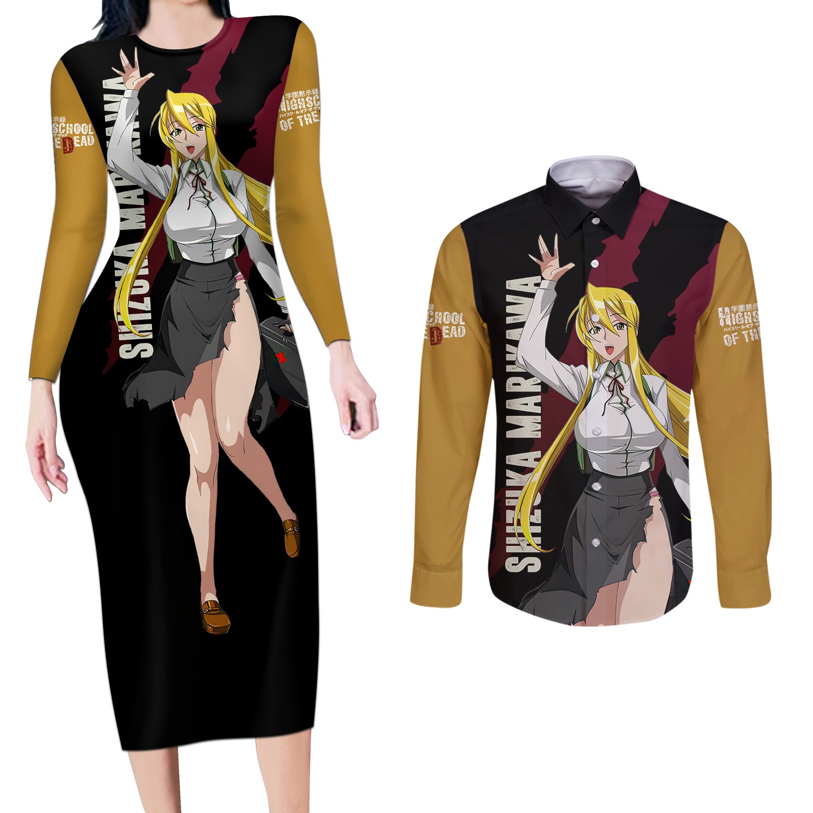 Shizuka Marikawa Couples Matching Long Sleeve Bodycon Dress and Long Sleeve Button Shirt Highschool Of Dead