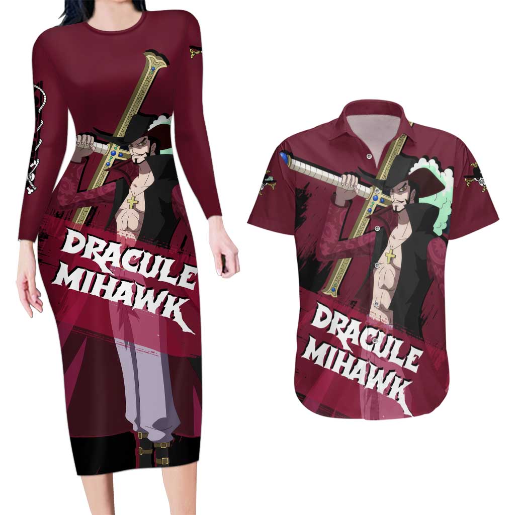 Dracule Mihawk - One Piece Couples Matching Long Sleeve Bodycon Dress and Hawaiian Shirt Anime Style