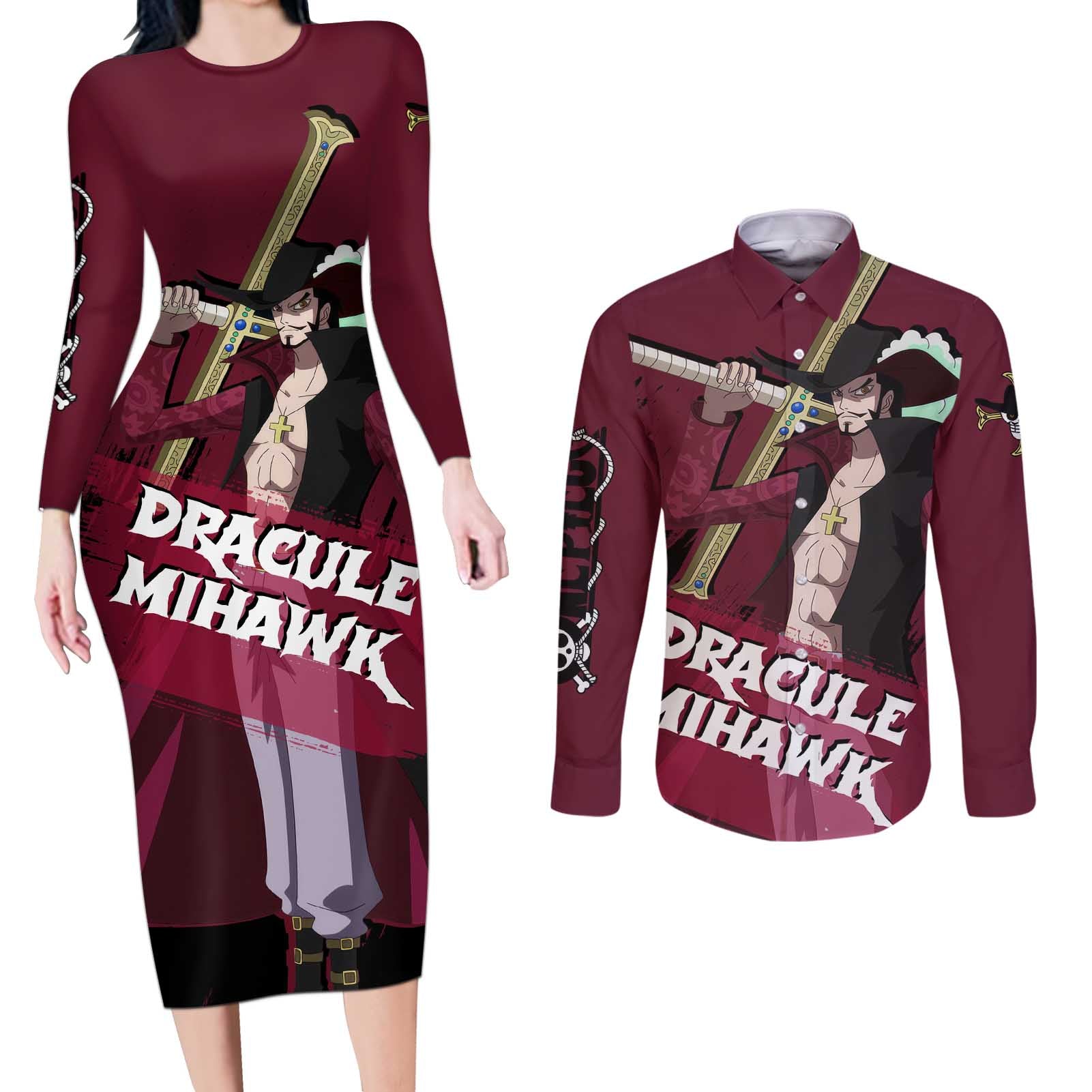 Dracule Mihawk - One Piece Couples Matching Long Sleeve Bodycon Dress and Long Sleeve Button Shirt Anime Style