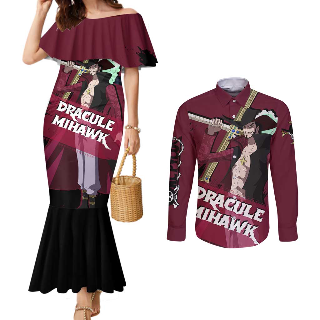 Dracule Mihawk - One Piece Couples Matching Mermaid Dress and Long Sleeve Button Shirt Anime Style