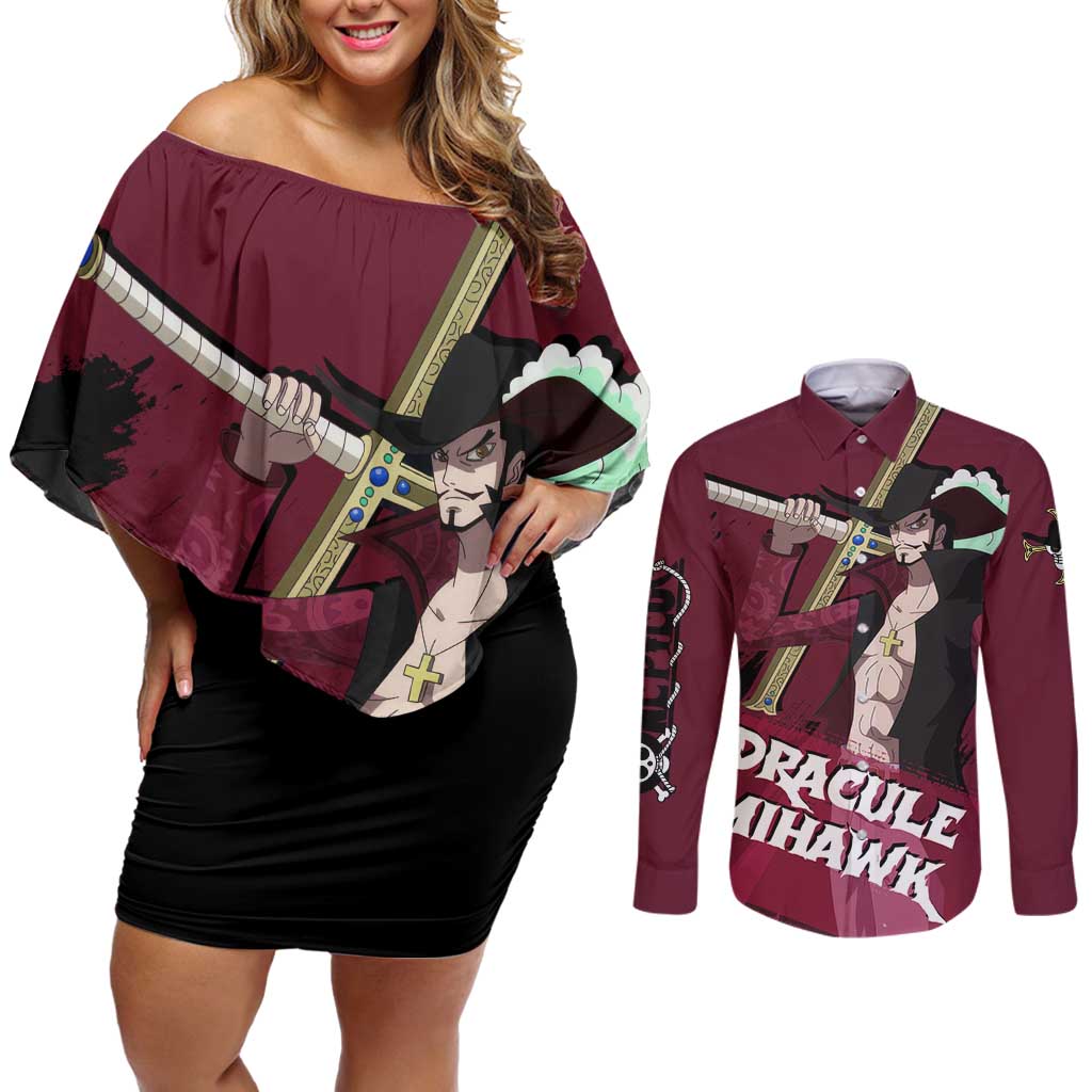 Dracule Mihawk - One Piece Couples Matching Off Shoulder Short Dress and Long Sleeve Button Shirt Anime Style