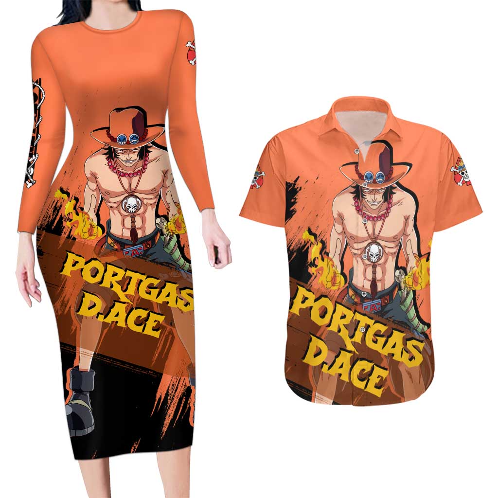 Portgas D.Ace - One Piece Couples Matching Long Sleeve Bodycon Dress and Hawaiian Shirt Anime Style