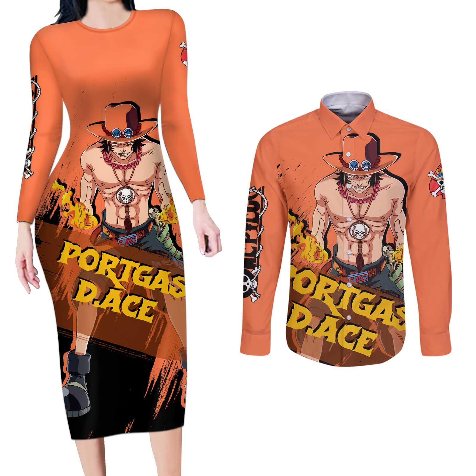 Portgas D.Ace - One Piece Couples Matching Long Sleeve Bodycon Dress and Long Sleeve Button Shirt Anime Style