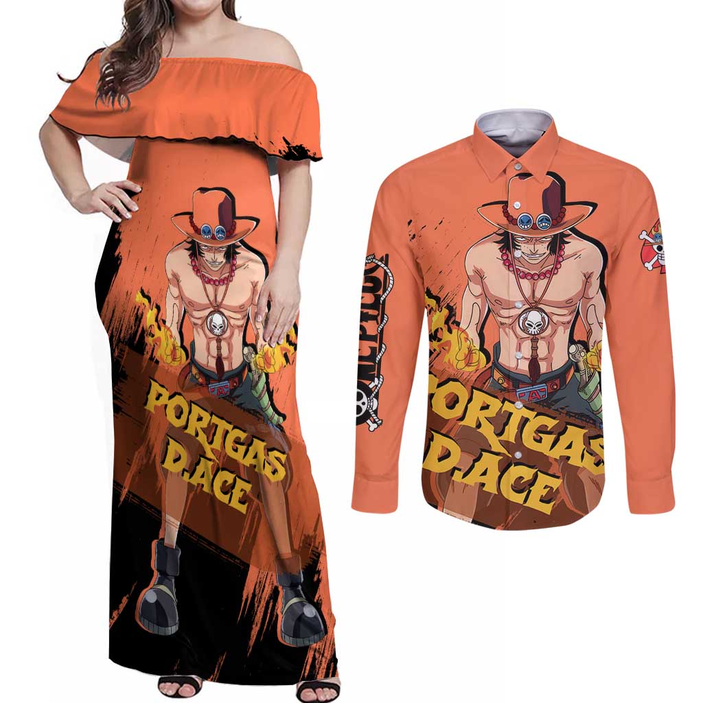 Portgas D.Ace - One Piece Couples Matching Off Shoulder Maxi Dress and Long Sleeve Button Shirt Anime Style