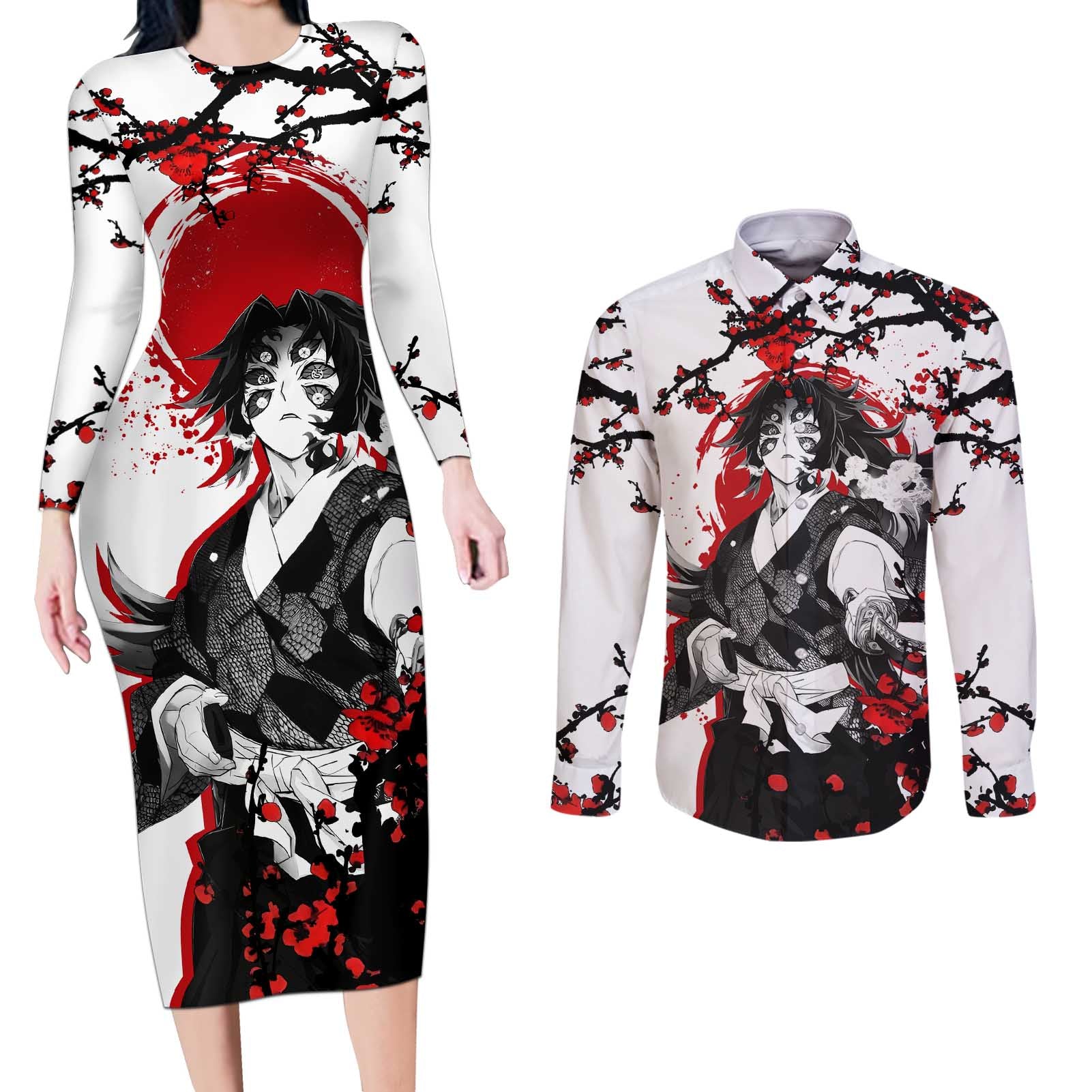 Kokushibo - Demon Slayer Couples Matching Long Sleeve Bodycon Dress and Long Sleeve Button Shirt Anime Japan Style