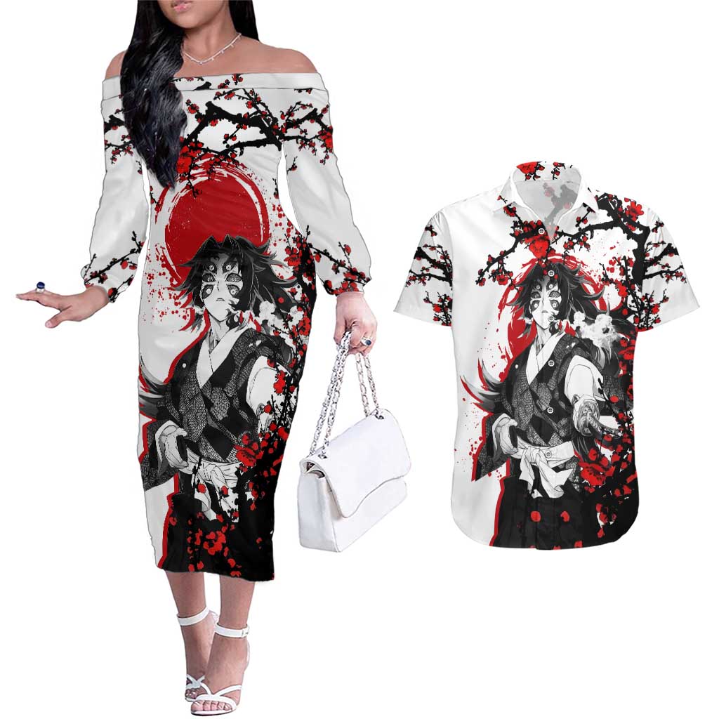 Kokushibo - Demon Slayer Couples Matching Off The Shoulder Long Sleeve Dress and Hawaiian Shirt Anime Japan Style