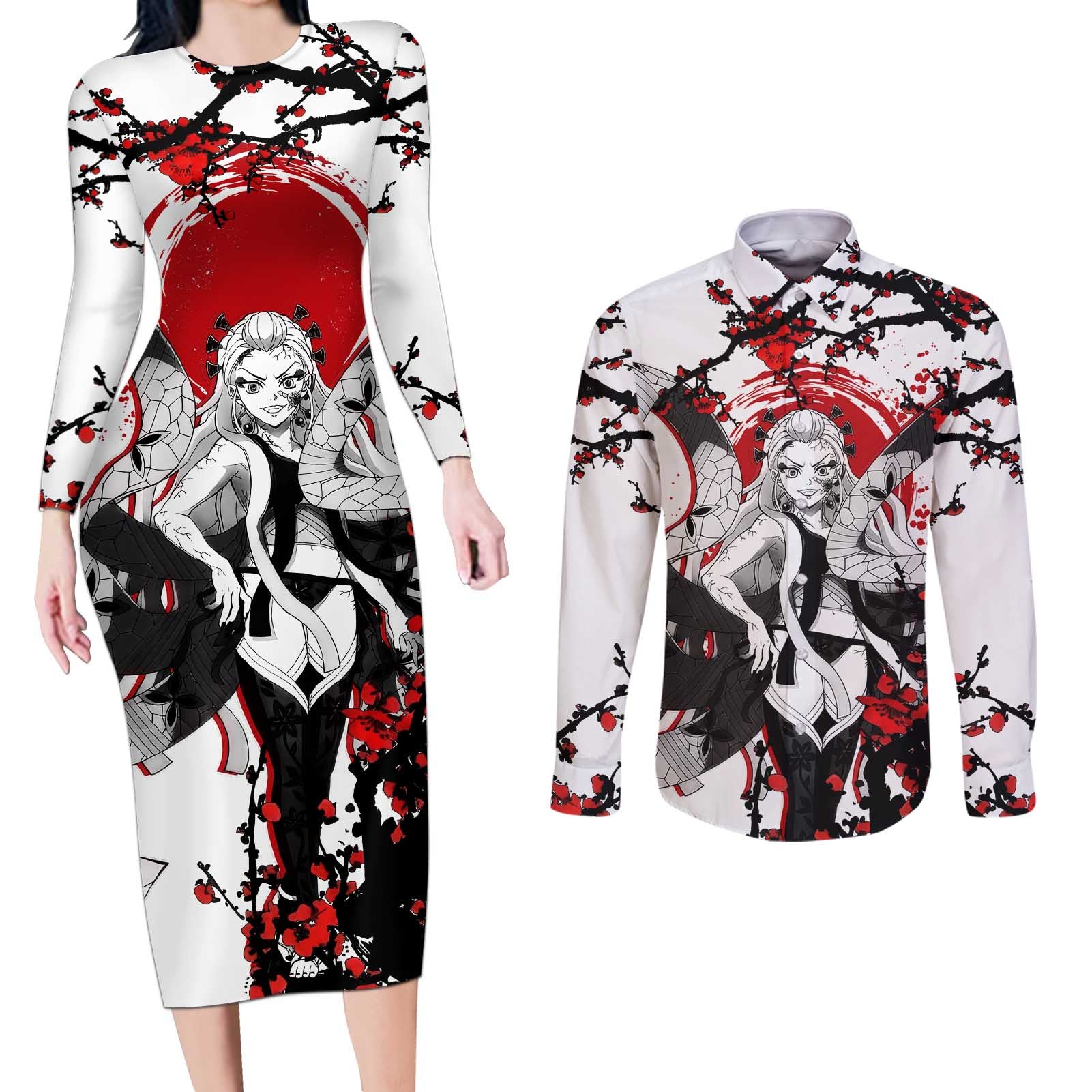 Daki - Demon Slayer Couples Matching Long Sleeve Bodycon Dress and Long Sleeve Button Shirt Anime Japan Style