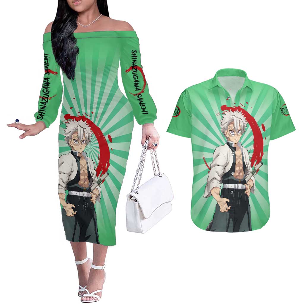 Sanemi Shinazugawa - Demon Slayer Couples Matching Off The Shoulder Long Sleeve Dress and Hawaiian Shirt Anime Mix Pattern Style