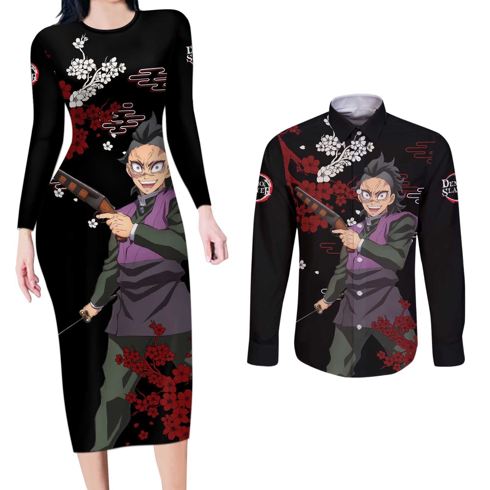 Shinazugawa Genya - Demon Slayer Couples Matching Long Sleeve Bodycon Dress and Long Sleeve Button Shirt Anime Japan Style