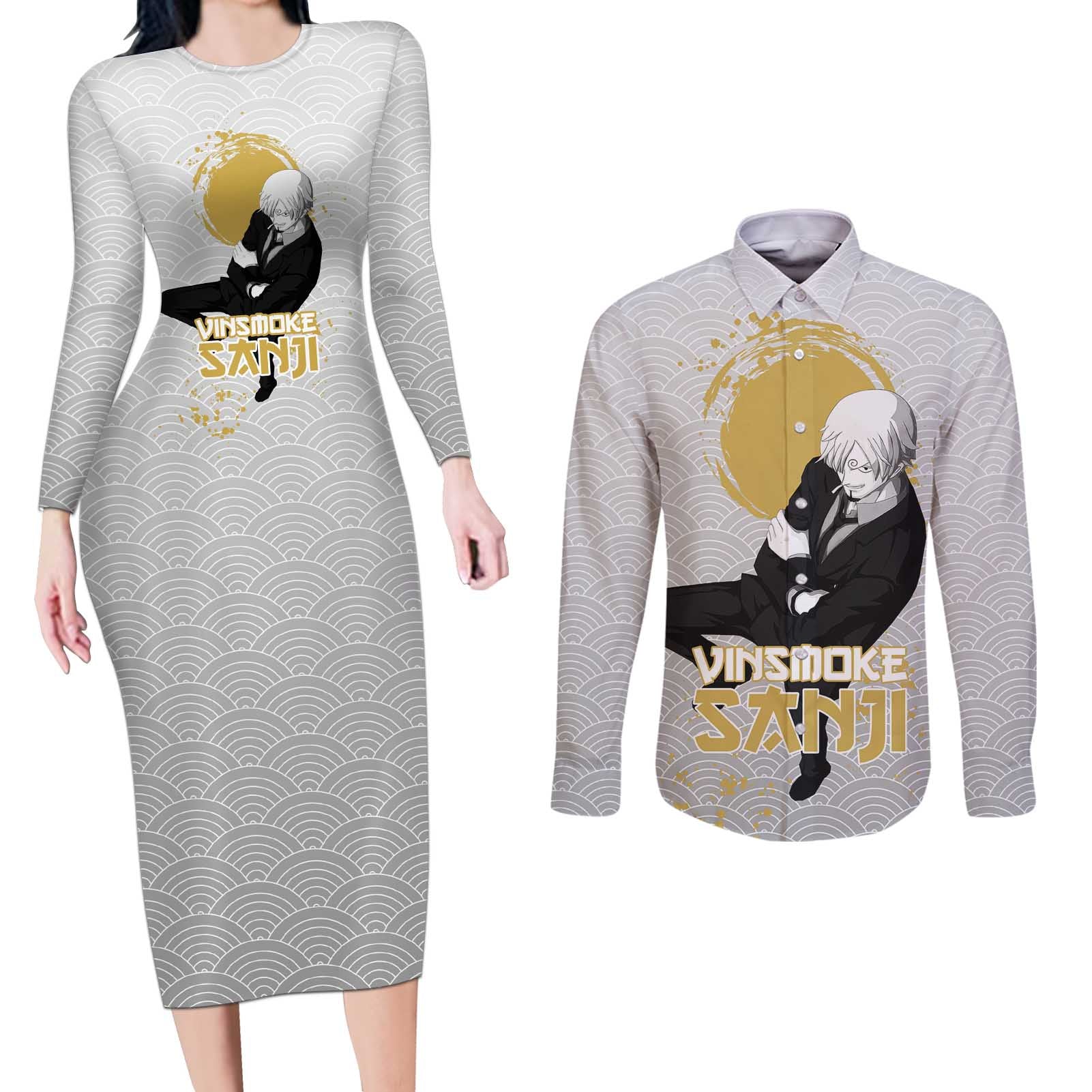 Sanji - One Piece Couples Matching Long Sleeve Bodycon Dress and Long Sleeve Button Shirt Anime Style