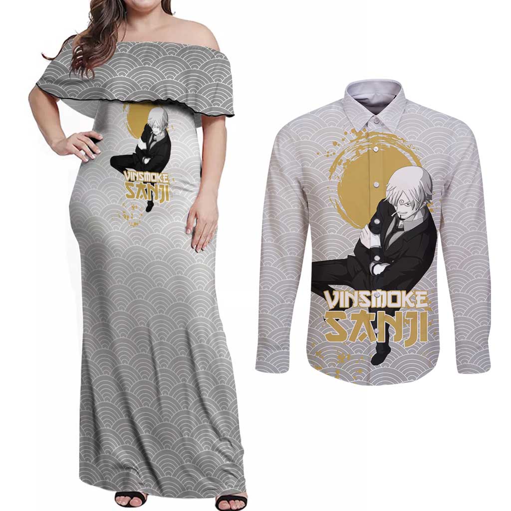 Sanji - One Piece Couples Matching Off Shoulder Maxi Dress and Long Sleeve Button Shirt Anime Style