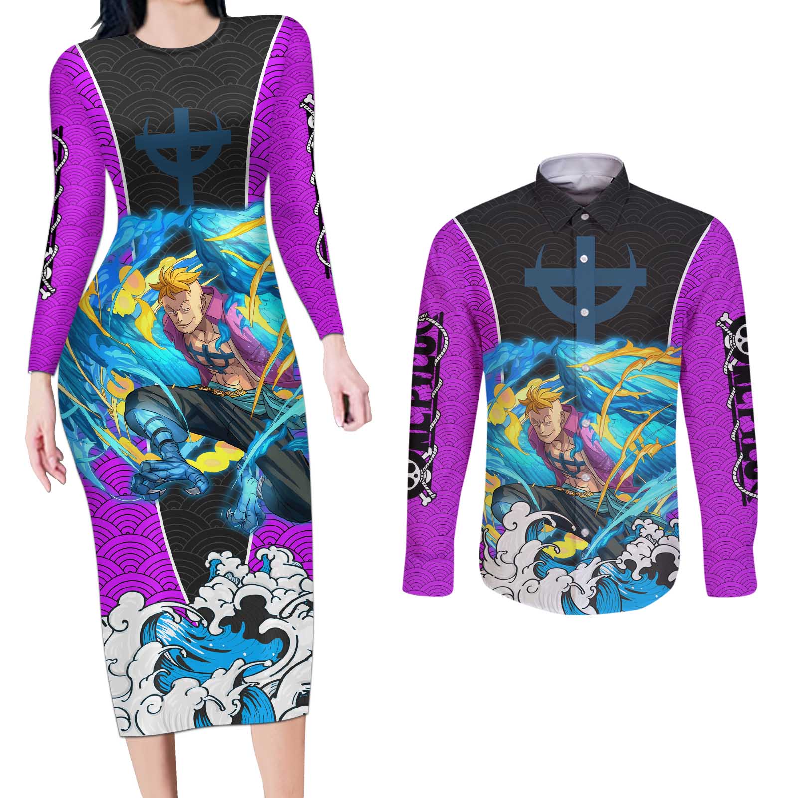 Marco - One Piece Couples Matching Long Sleeve Bodycon Dress and Long Sleeve Button Shirt Anime Style
