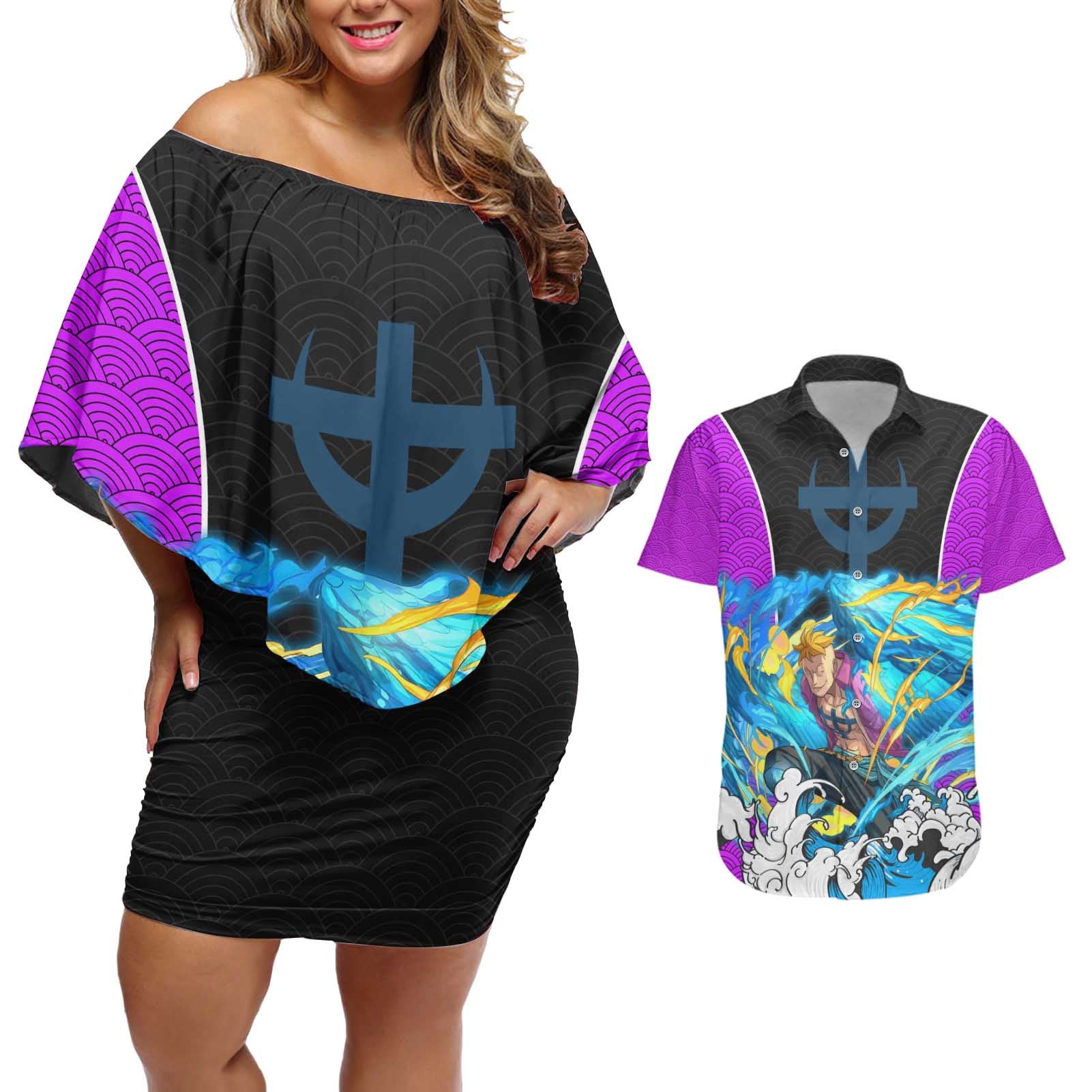 Marco - One Piece Couples Matching Off Shoulder Short Dress and Hawaiian Shirt Anime Style