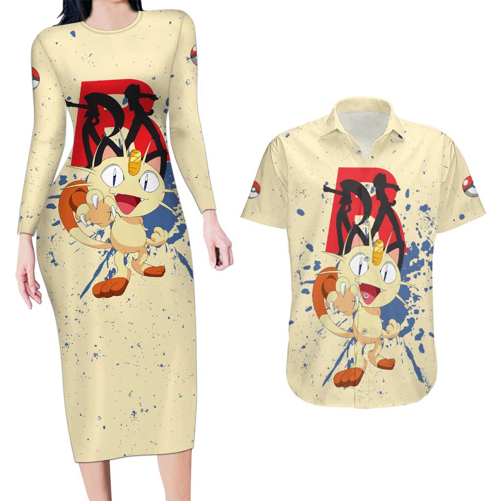 Meowth - Pokemon Couples Matching Long Sleeve Bodycon Dress and Hawaiian Shirt Anime Style