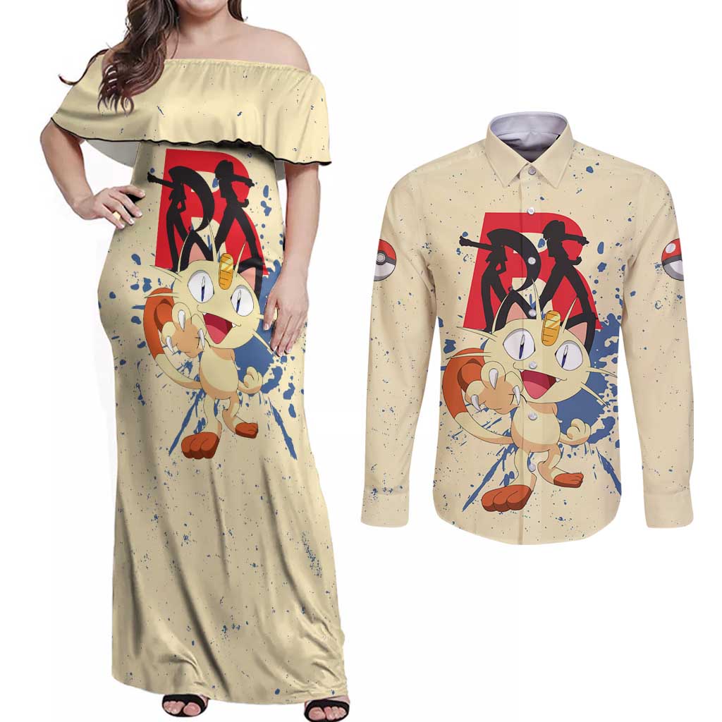 Meowth - Pokemon Couples Matching Off Shoulder Maxi Dress and Long Sleeve Button Shirt Anime Style