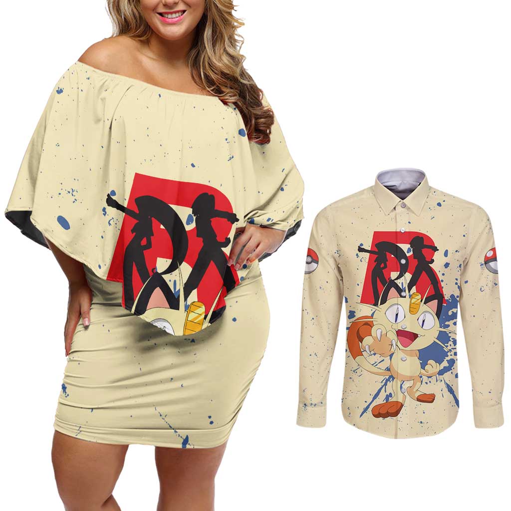 Meowth - Pokemon Couples Matching Off Shoulder Short Dress and Long Sleeve Button Shirt Anime Style
