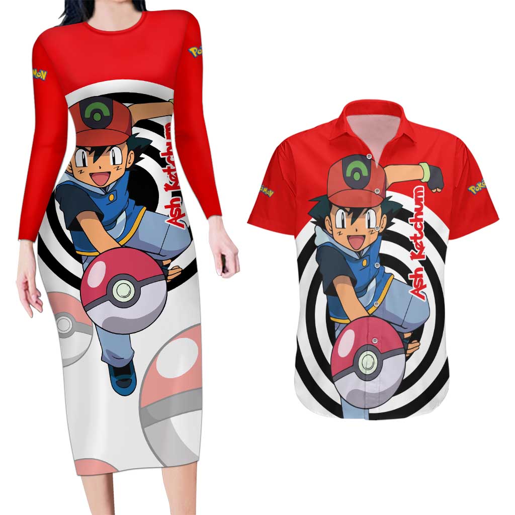 Ash Ketchum - Pokemon Couples Matching Long Sleeve Bodycon Dress and Hawaiian Shirt Anime Style