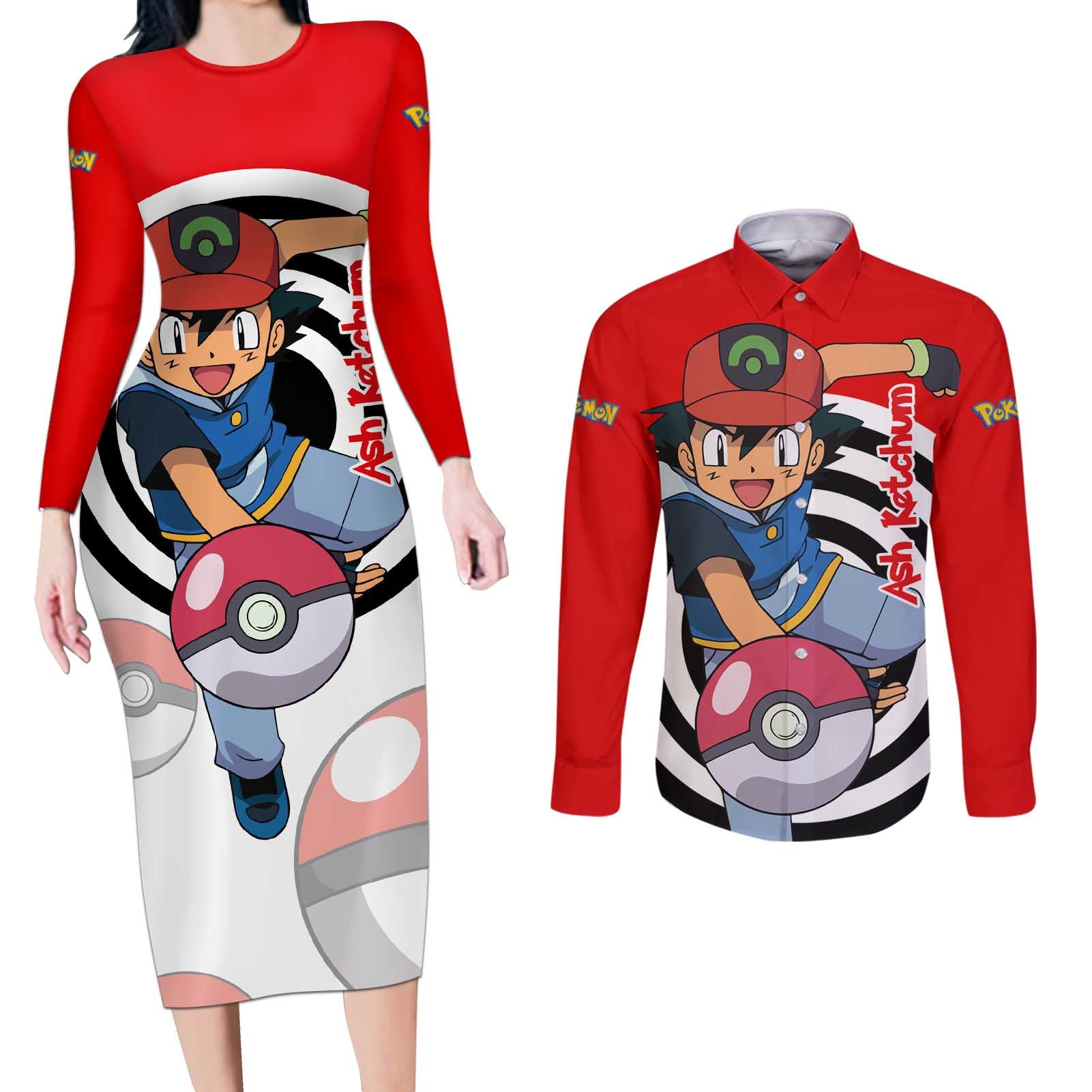 Ash Ketchum - Pokemon Couples Matching Long Sleeve Bodycon Dress and Long Sleeve Button Shirt Anime Style