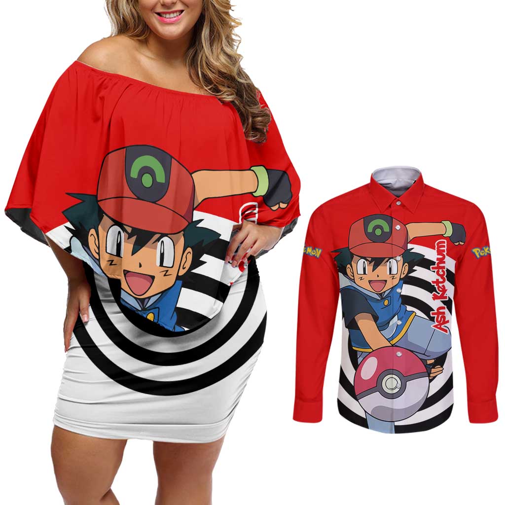Ash Ketchum - Pokemon Couples Matching Off Shoulder Short Dress and Long Sleeve Button Shirt Anime Style