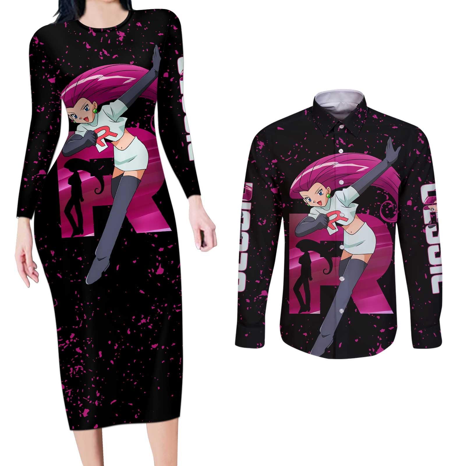 Jessie Musashi - Pokemon Couples Matching Long Sleeve Bodycon Dress and Long Sleeve Button Shirt Anime Style