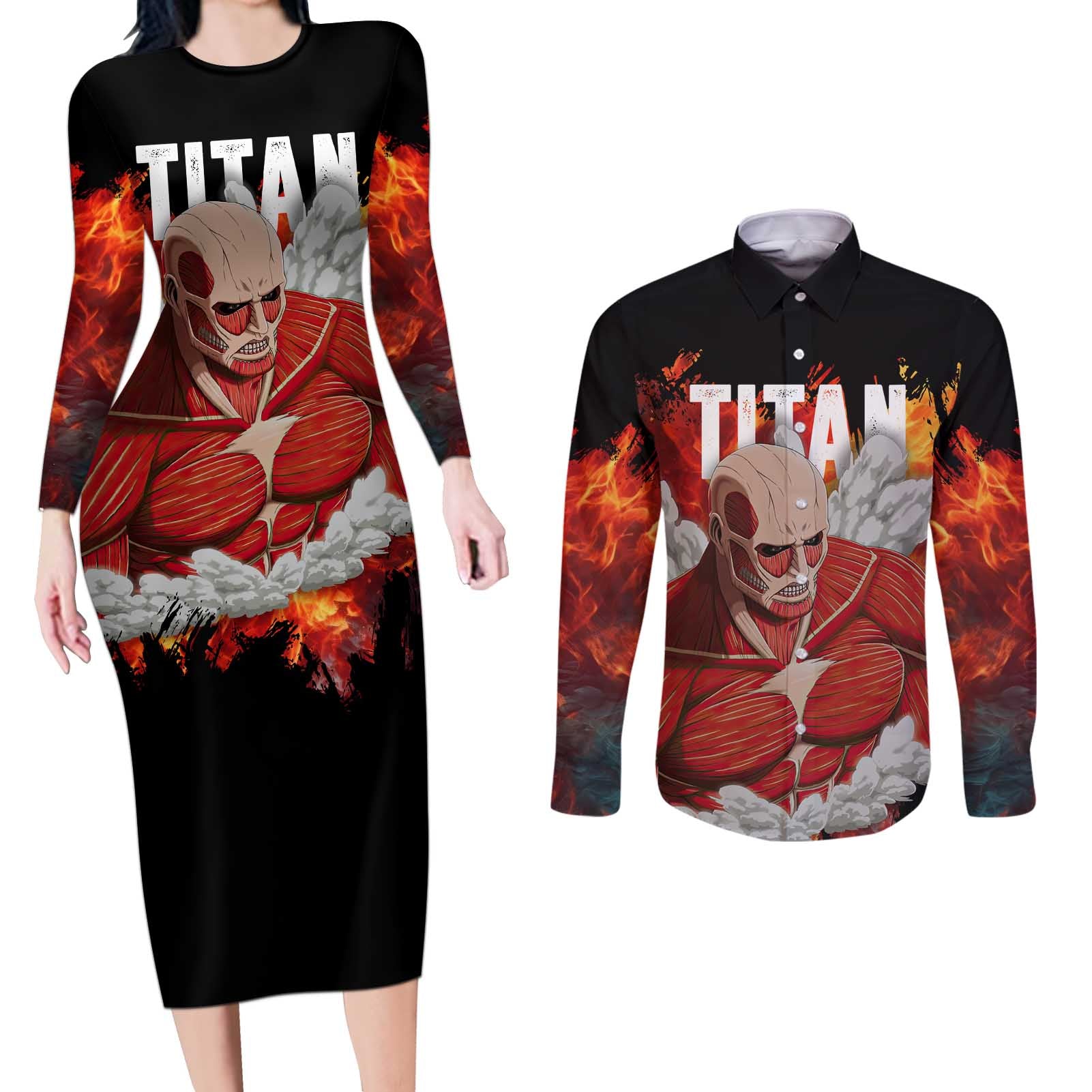 AOT Giant Titan - Attack On Titan Couples Matching Long Sleeve Bodycon Dress and Long Sleeve Button Shirt Anime Style