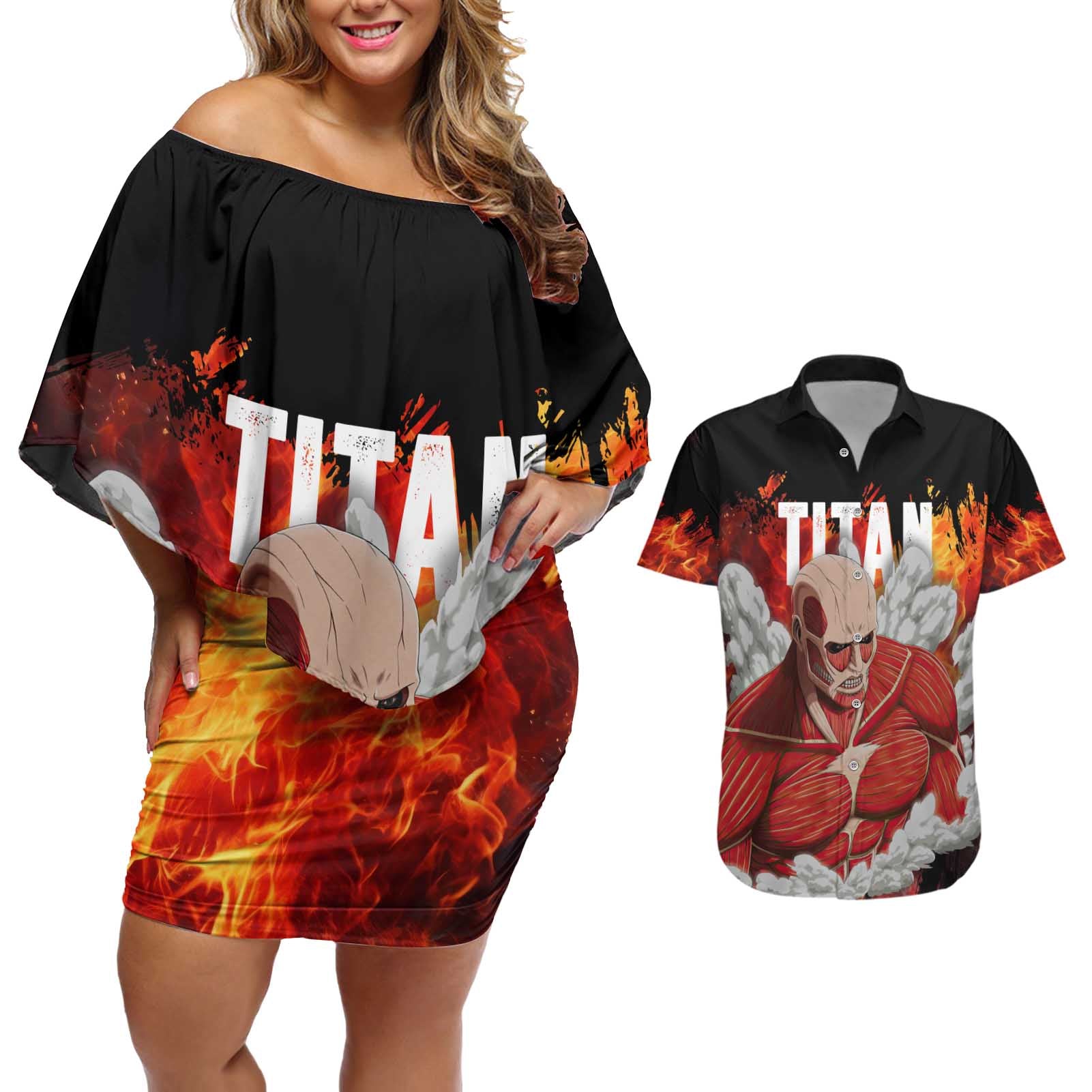 AOT Giant Titan - Attack On Titan Couples Matching Off Shoulder Short Dress and Hawaiian Shirt Anime Style