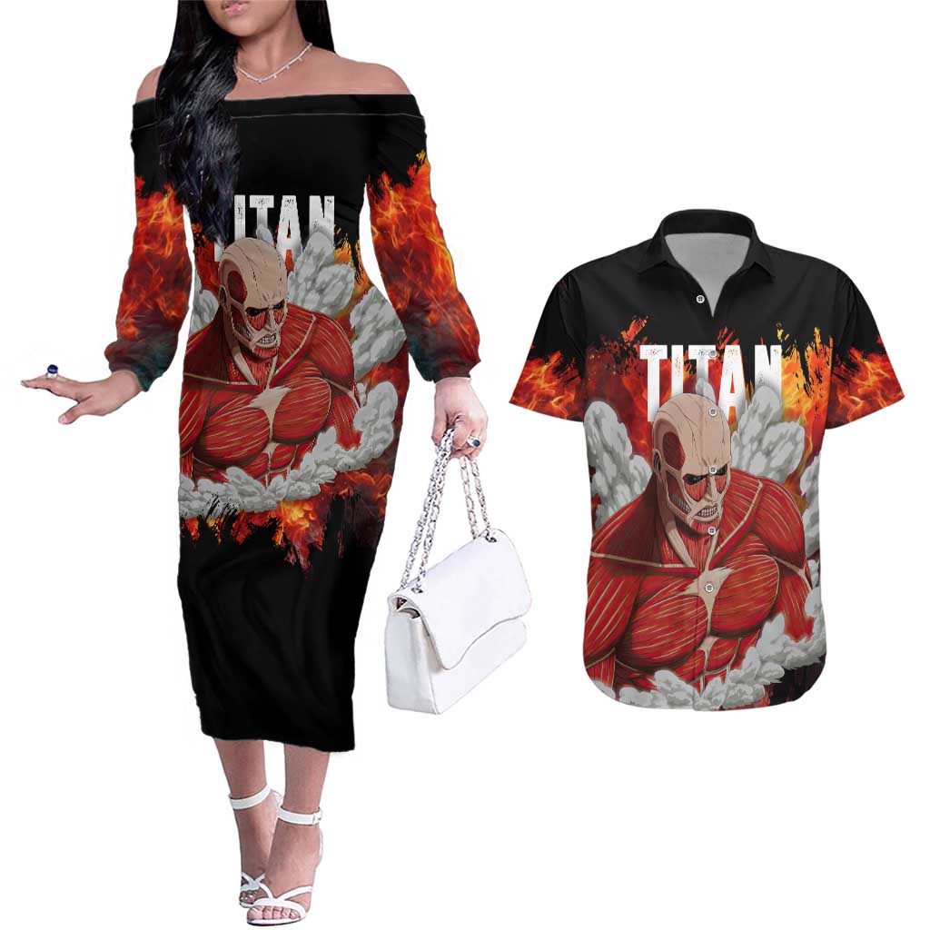 AOT Giant Titan - Attack On Titan Couples Matching Off The Shoulder Long Sleeve Dress and Hawaiian Shirt Anime Style