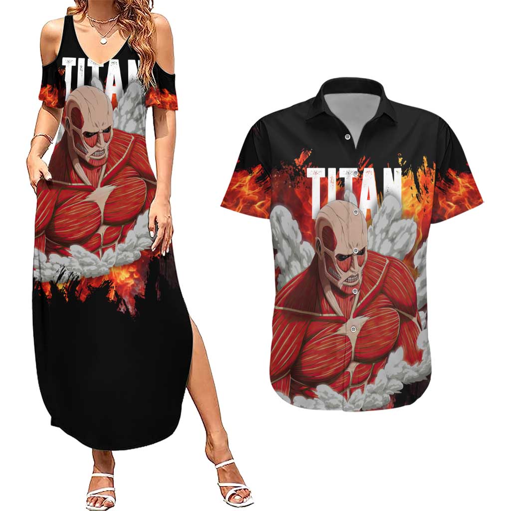 AOT Giant Titan - Attack On Titan Couples Matching Summer Maxi Dress and Hawaiian Shirt Anime Style