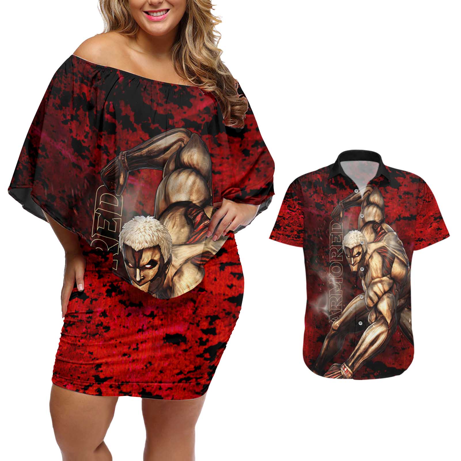 AOT Armored Titan - Attack On Titan Couples Matching Off Shoulder Short Dress and Hawaiian Shirt Anime Style