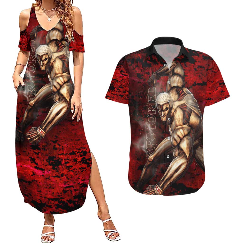 AOT Armored Titan - Attack On Titan Couples Matching Summer Maxi Dress and Hawaiian Shirt Anime Style