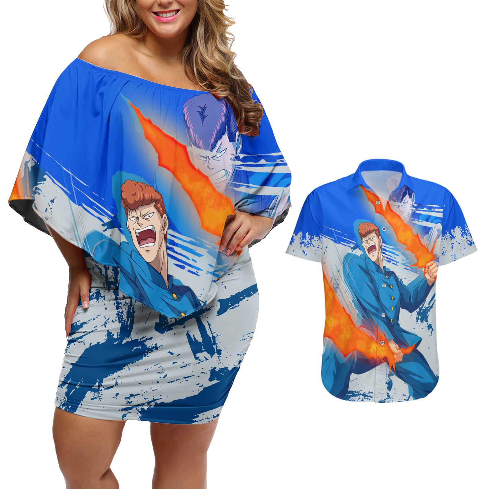 Kazuma Kuwabara - Yu yu Hakusho Couples Matching Off Shoulder Short Dress and Hawaiian Shirt Anime Style