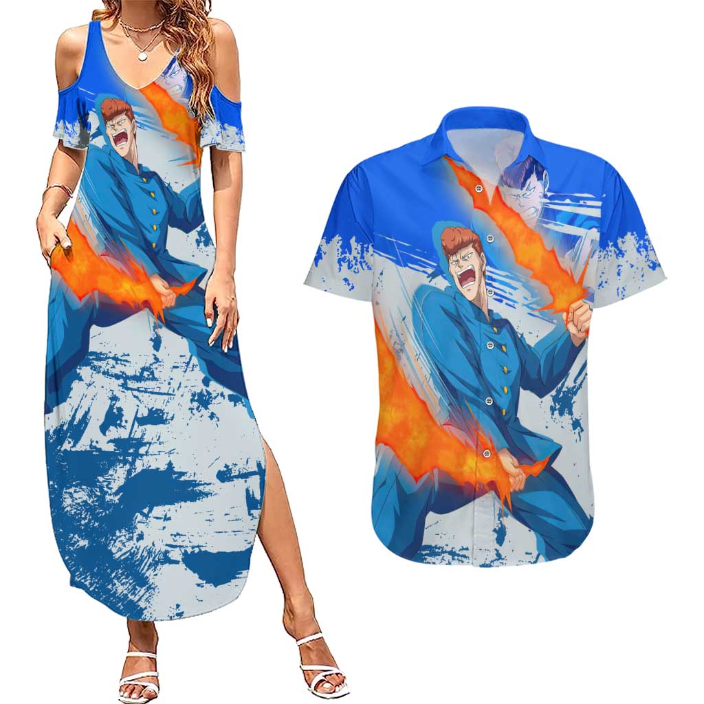 Kazuma Kuwabara - Yu yu Hakusho Couples Matching Summer Maxi Dress and Hawaiian Shirt Anime Style