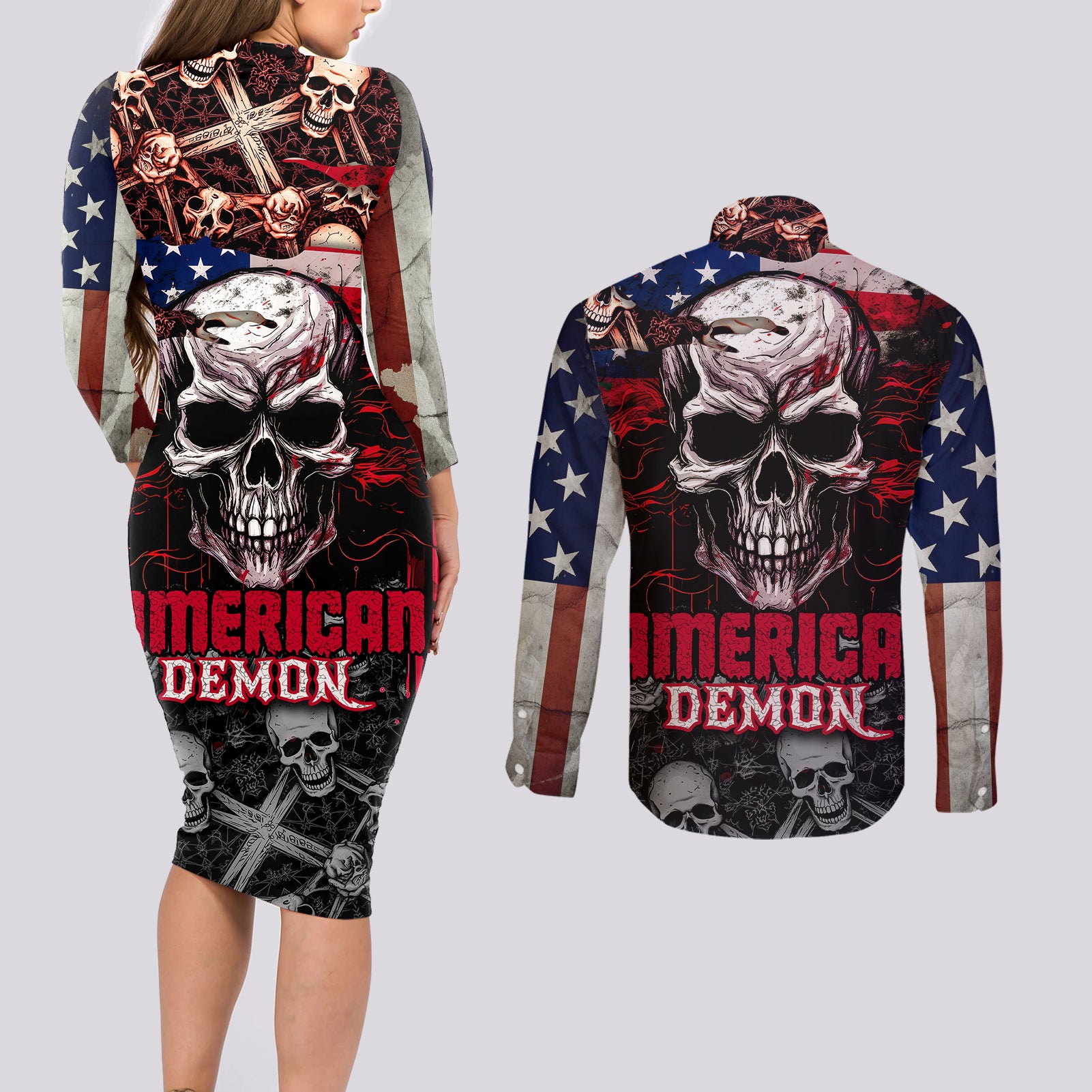 skull-couples-matching-long-sleeve-bodycon-dress-and-long-sleeve-button-shirts-american-demon