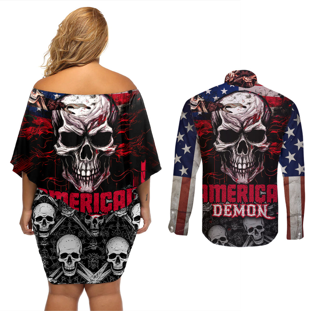 skull-couples-matching-off-shoulder-short-dress-and-long-sleeve-button-shirts-american-demon