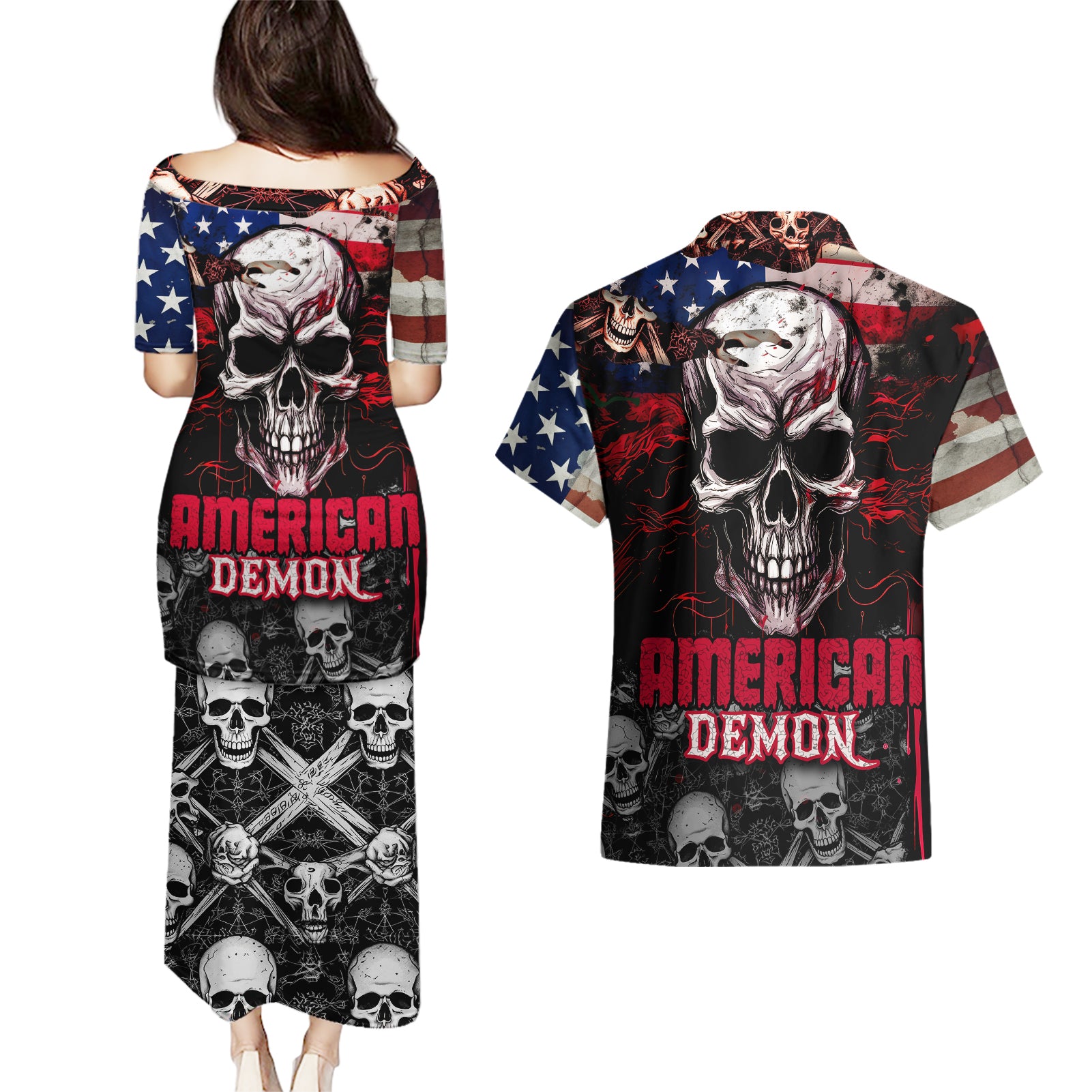 skull-couples-matching-puletasi-dress-and-hawaiian-shirt-american-demon